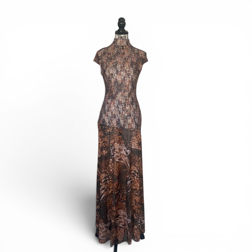 SHEIN Haute Maxi Dress Womens S Brown Butterfly Mesh Sheer Mock Neck Whimsigoth